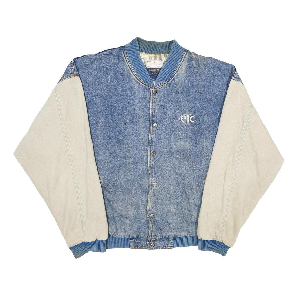 TEXX Mens Blue & Cream Button Cotton Denim Varsity Jacket XL Casual Outerwear