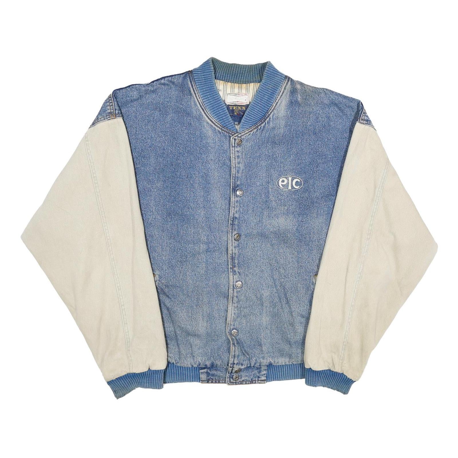 TEXX Mens Blue & Cream Button Cotton Denim Varsity Jacket XL Casual Outerwear