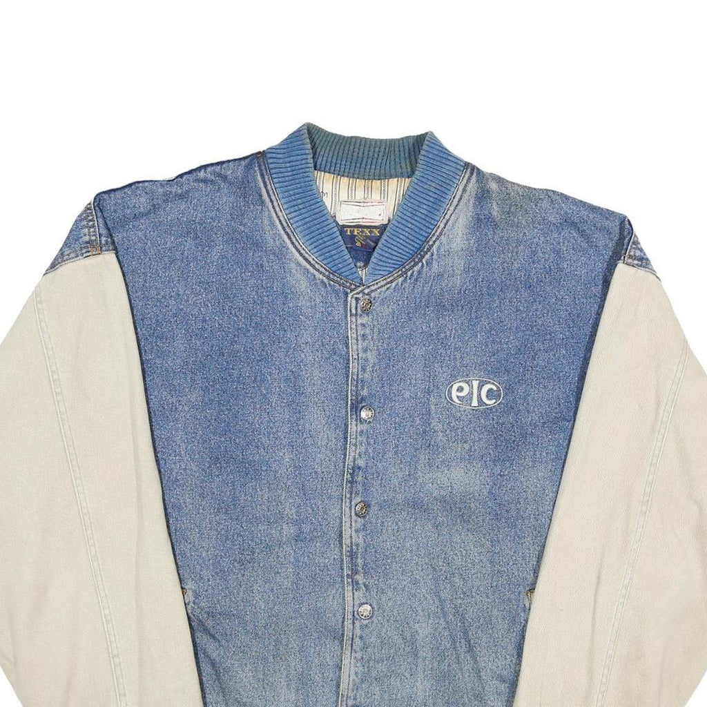 TEXX Mens Blue & Cream Button Cotton Denim Varsity Jacket XL Casual Outerwear