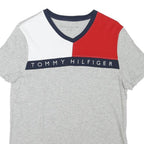 TOMMY HILFIGER Mens Grey White & Red Colour Block T-Shirt XS Short Sleeve V-Neck