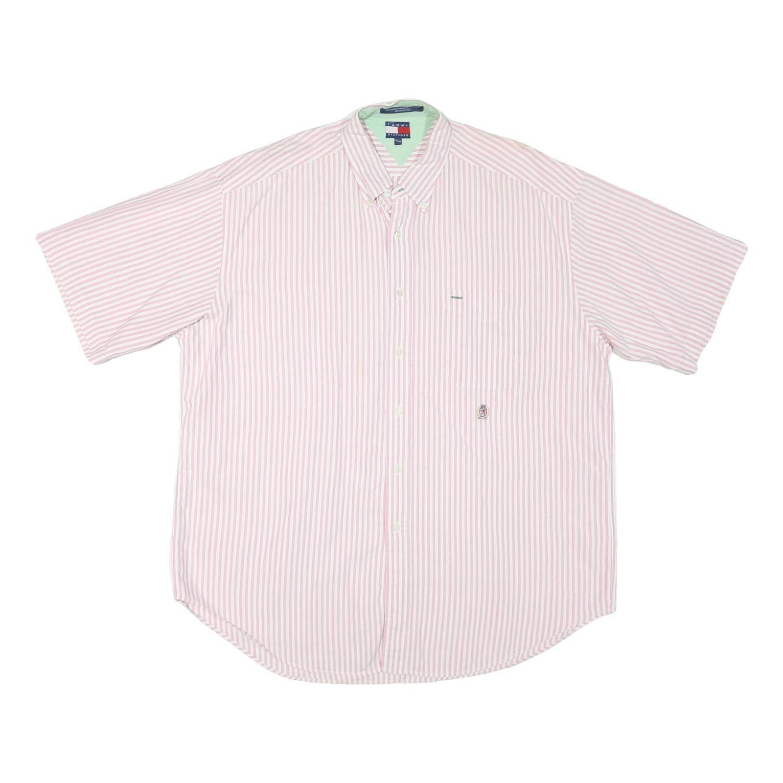 TOMMY HILFIGER Mens Pink & White Striped Shirt XL Button-Down Short Sleeve