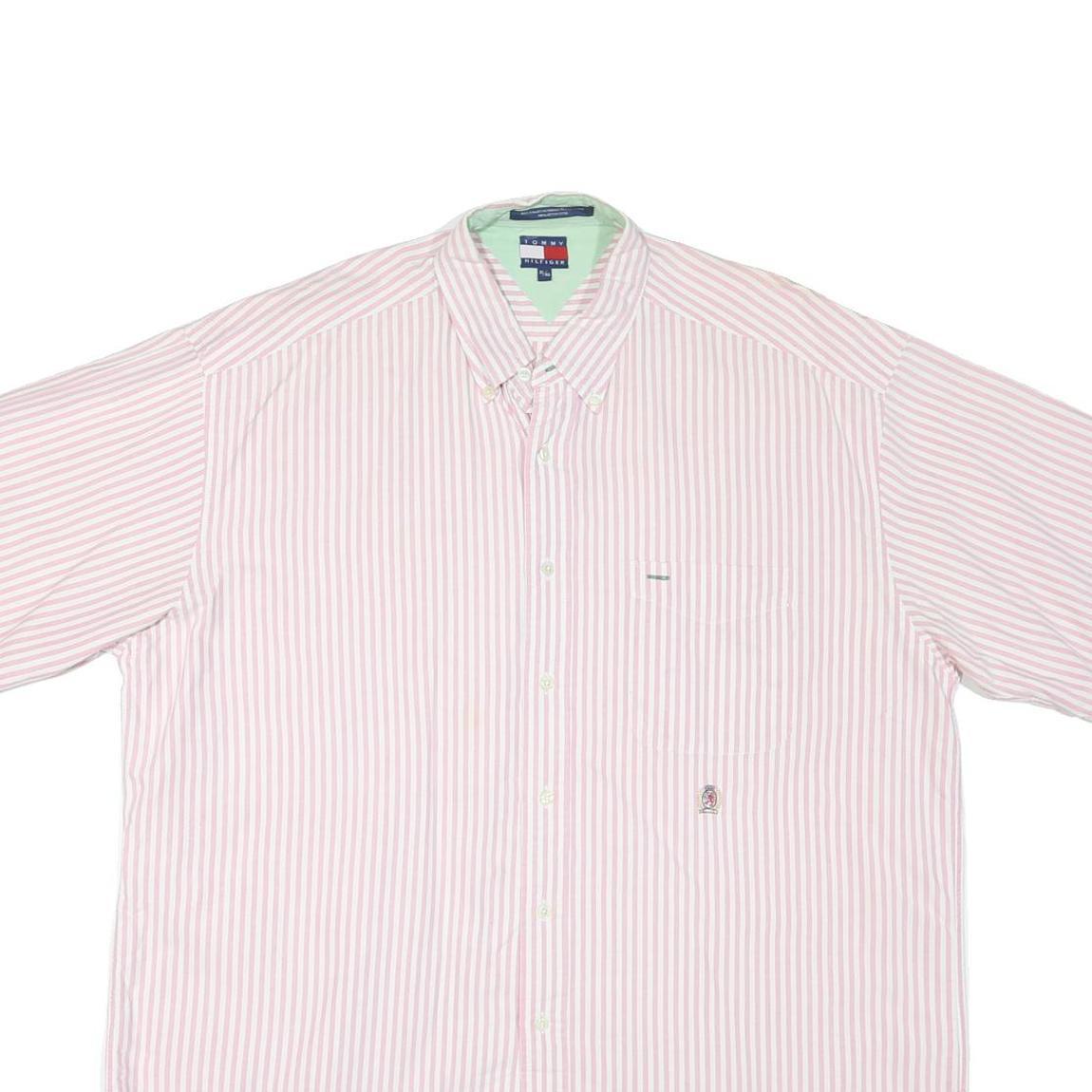 TOMMY HILFIGER Mens Pink & White Striped Shirt XL Button-Down Short Sleeve