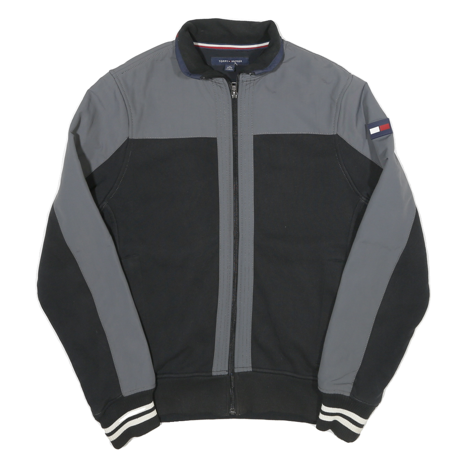 TOMMY HILFIGER Mens Black & Grey Colourblock Track Jacket XS Cotton Blend Zip
