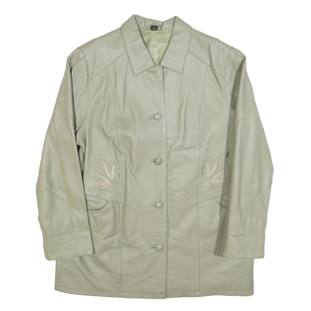 Womens Cream Leather Button Jacket UK 18 Plain Floral Embroidered Detail