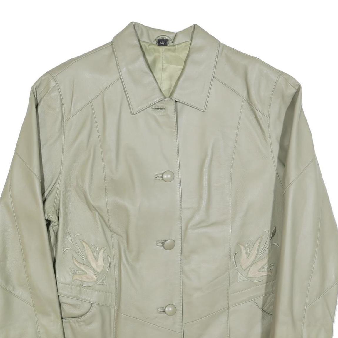 Womens Cream Leather Button Jacket UK 18 Plain Floral Embroidered Detail