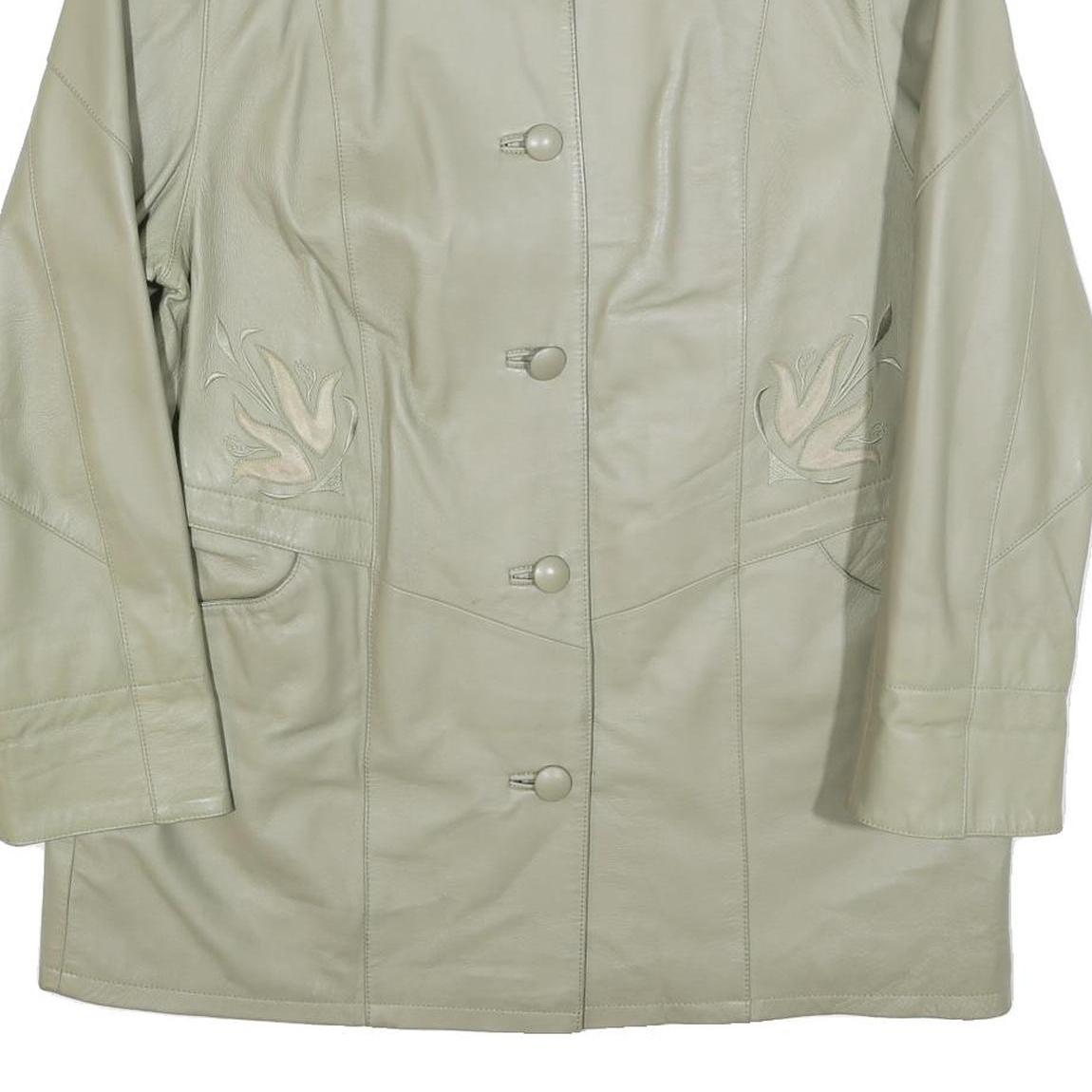 Womens Cream Leather Button Jacket UK 18 Plain Floral Embroidered Detail