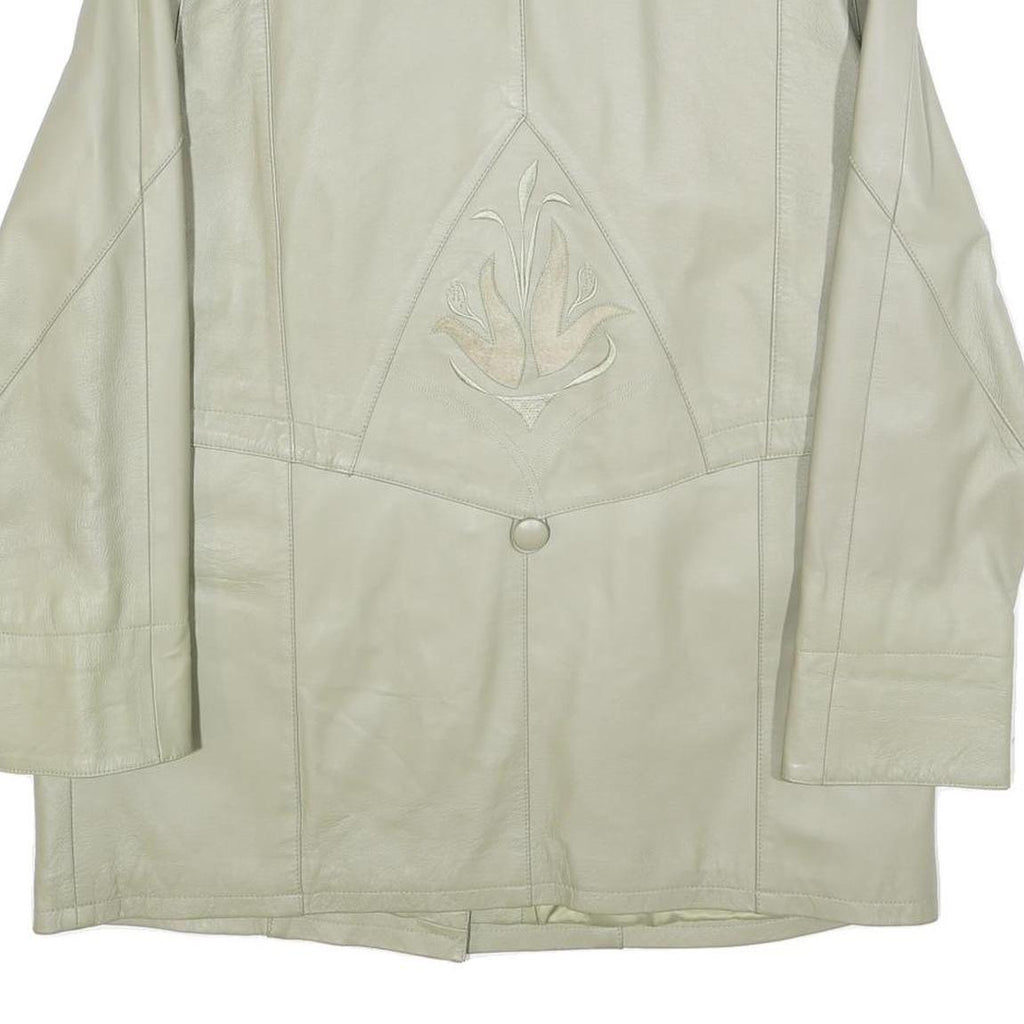Womens Cream Leather Button Jacket UK 18 Plain Floral Embroidered Detail