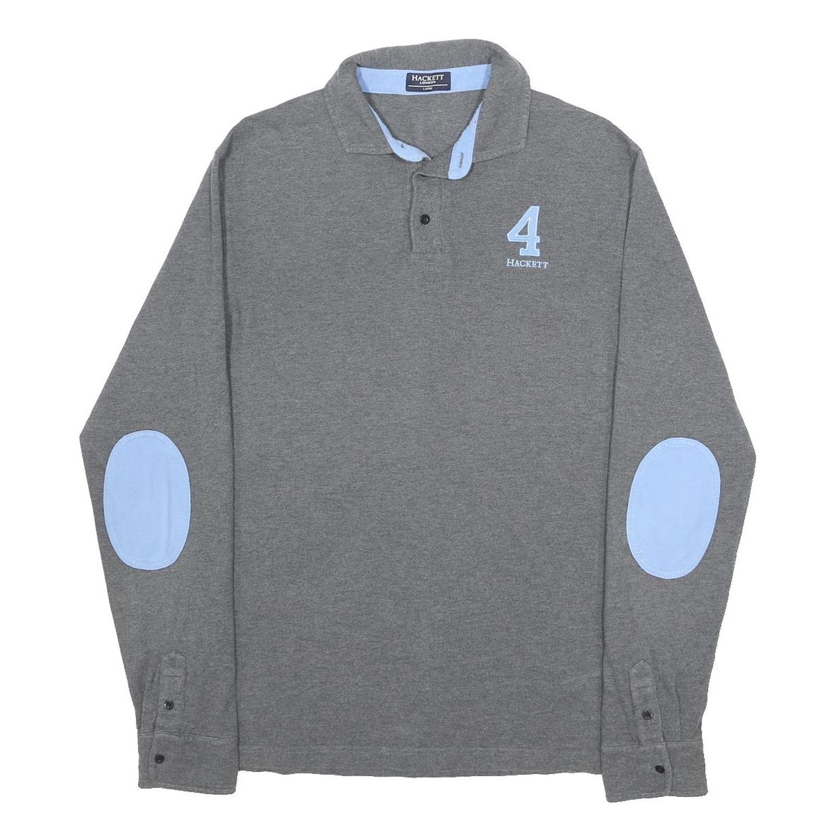 HACKETT LONDON Mens Grey & Light Blue Long Sleeve Plain Polo Shirt L Cotton