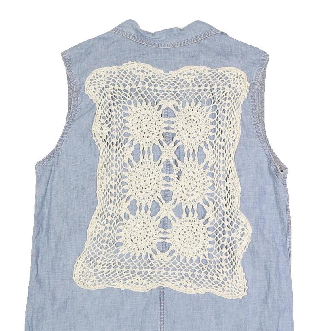 LEVI'S Womens Blue Sleeveless Shirt Button Neck Cotton Blend M Crochet Back
