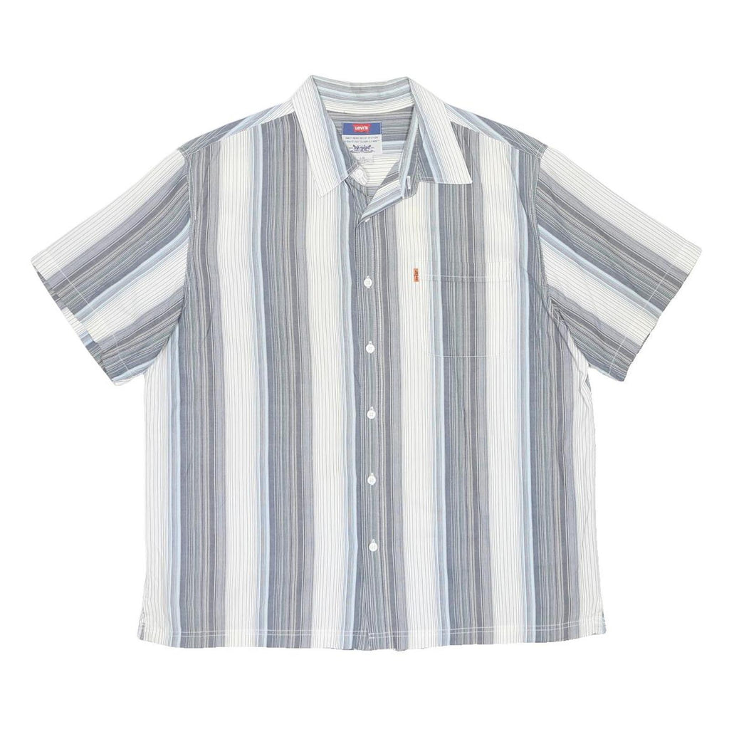 LEVI'S Mens Blue Grey White Striped Shirt L Cotton Casual Short Sleeve