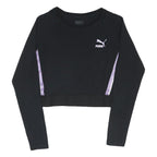 PUMA Womens Black & Purple Crop T-Shirt UK 12 Long Sleeve Crew Neck Sport Style