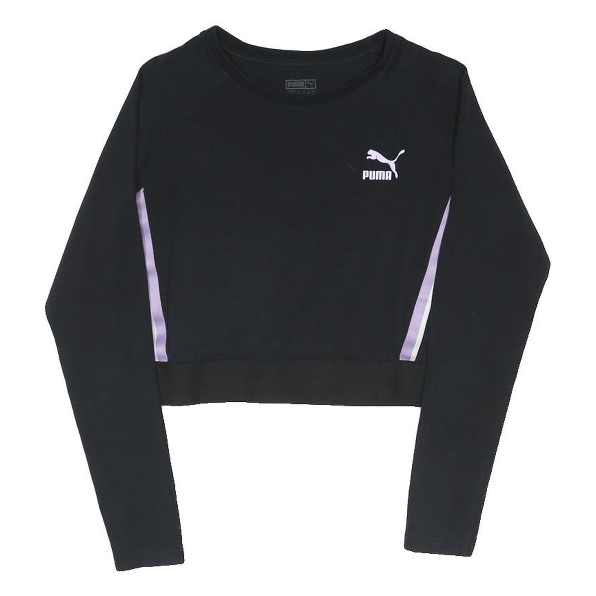 PUMA Womens Black & Purple Crop T-Shirt UK 12 Long Sleeve Crew Neck Sport Style