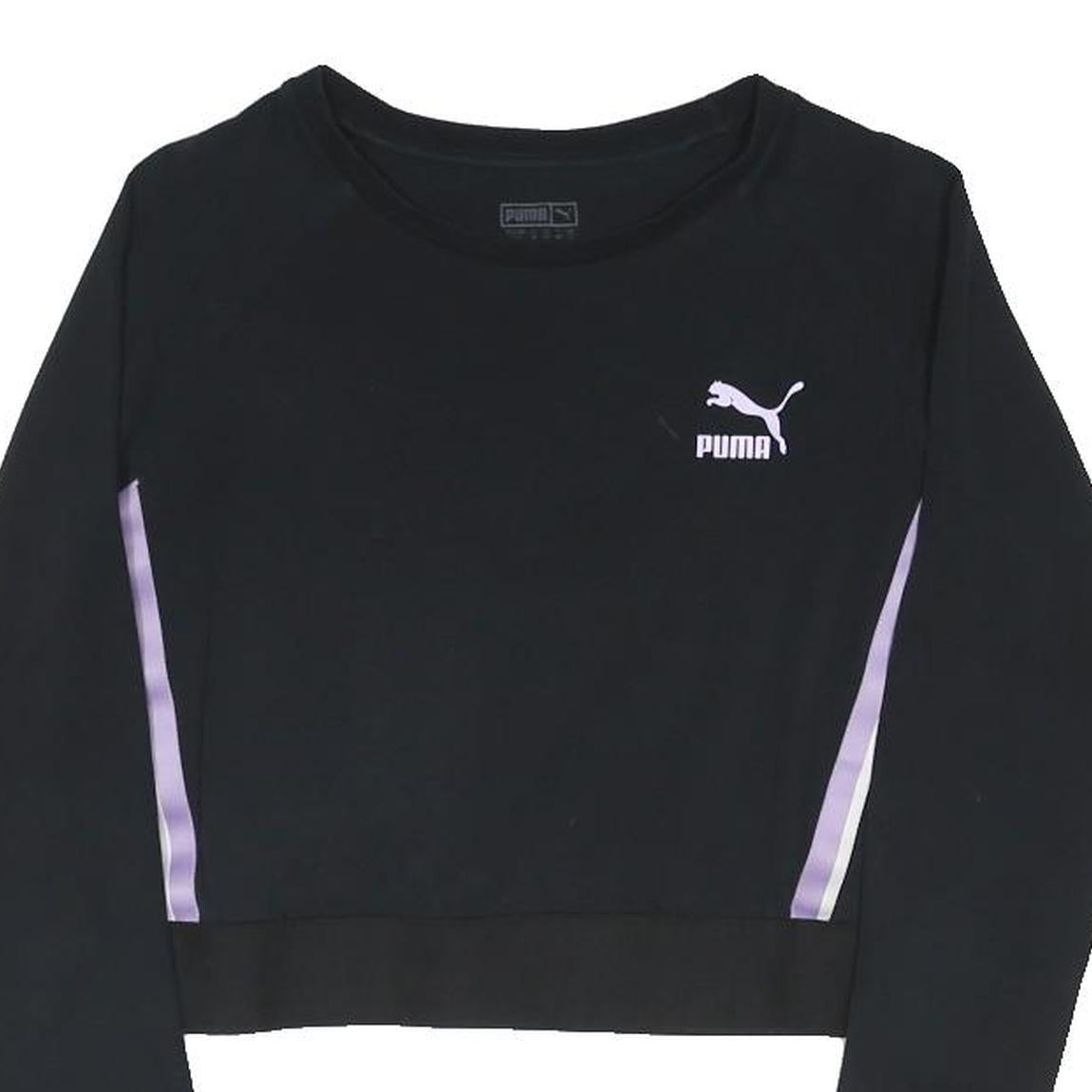 PUMA Womens Black & Purple Crop T-Shirt UK 12 Long Sleeve Crew Neck Sport Style