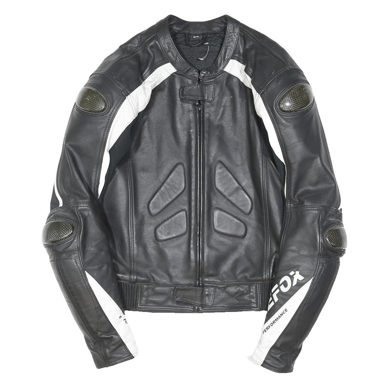 FIREFOX Mens Black & White Motorcycle Leather Jacket L Leather Armour Zip
