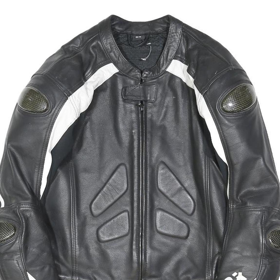 FIREFOX Mens Black & White Motorcycle Leather Jacket L Leather Armour Zip