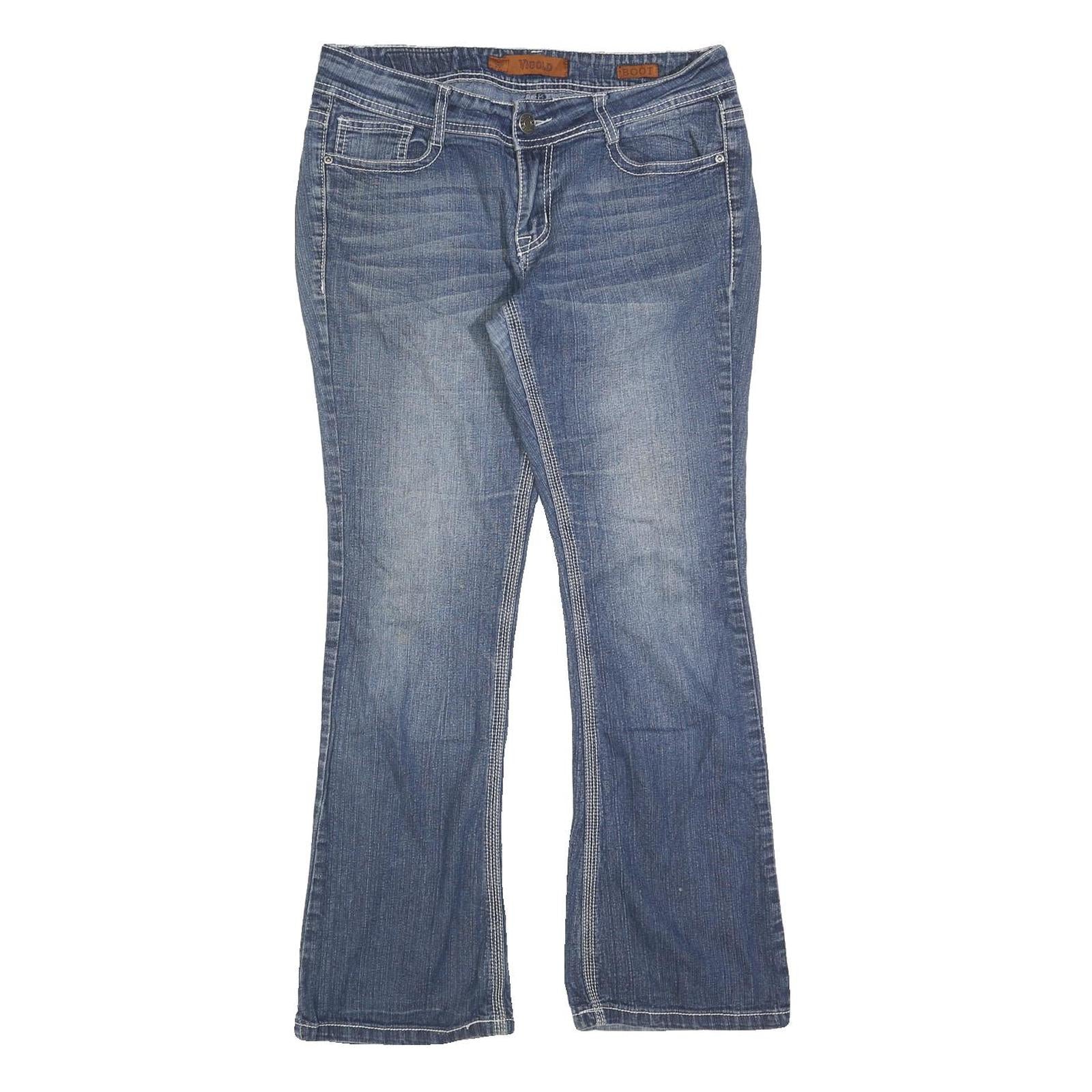 VIGOLD Womens Jeans Blue Regular Bootcut Denim Medium W32 L30 Stylish Embroidery
