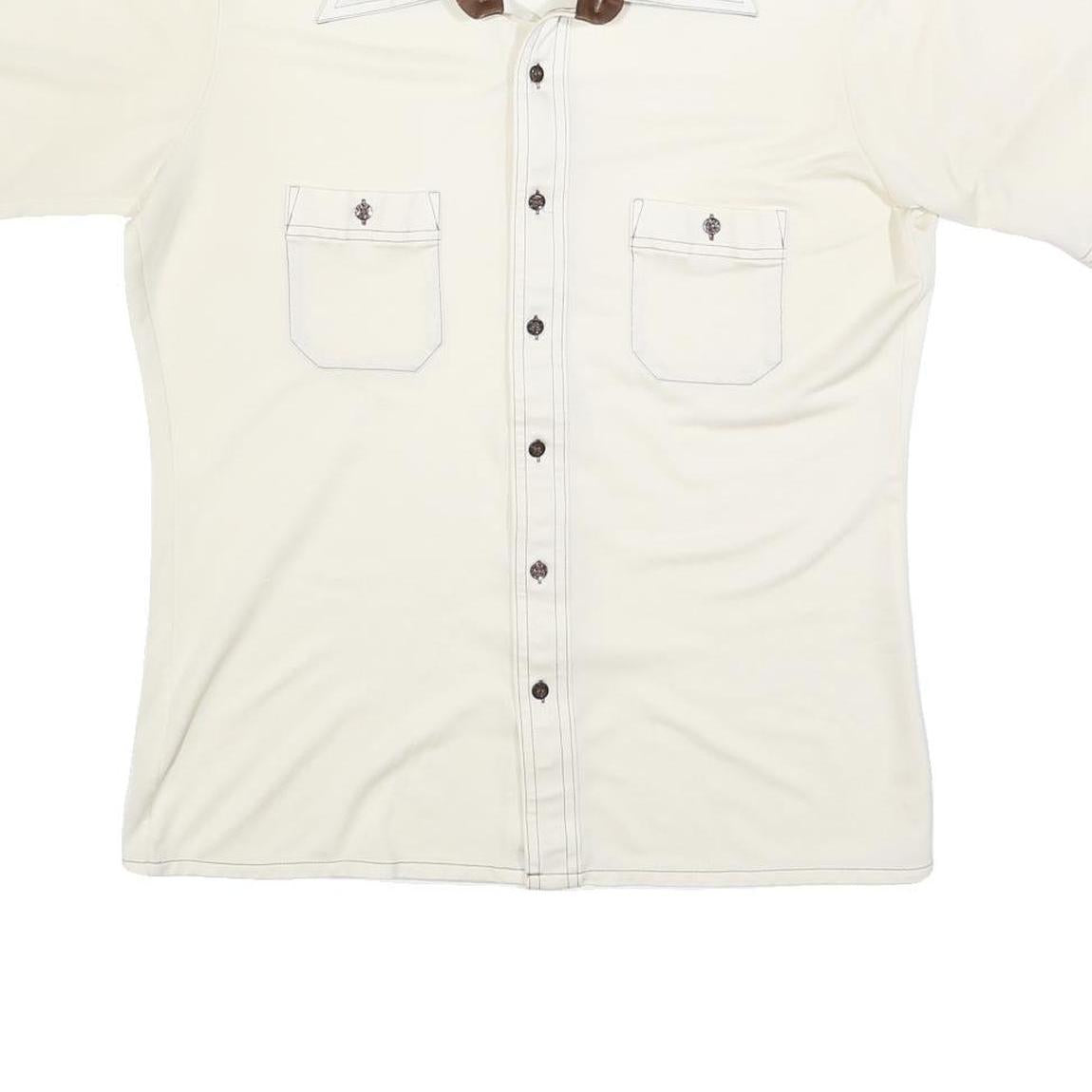 Mens Cream & Brown Casual Button Shirt L Two Pocket Short Sleeve Lightweight