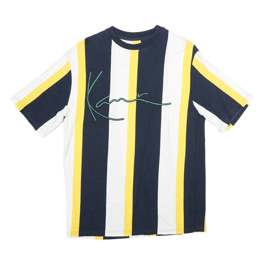 KARL KANI Mens Blue White & Yellow Stripe Graphic T-Shirt XS Short Sleeve Crew