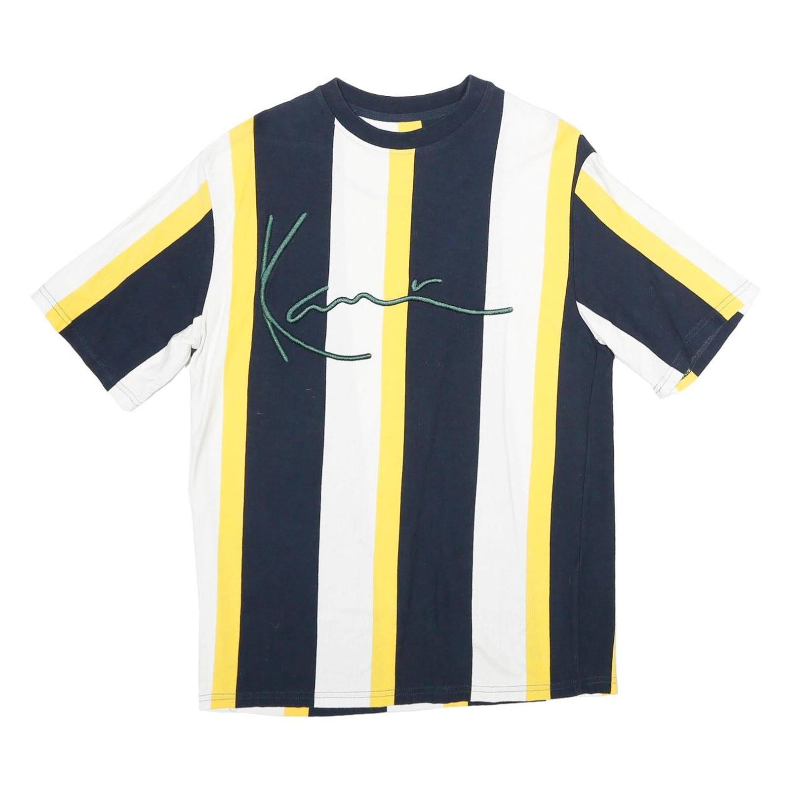 KARL KANI Mens Blue White & Yellow Stripe Graphic T-Shirt XS Short Sleeve Crew