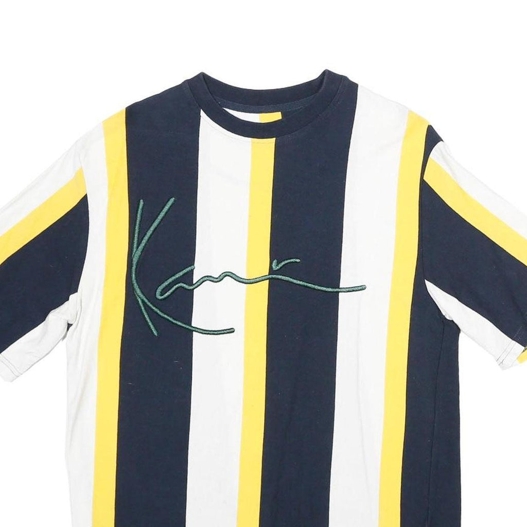 KARL KANI Mens Blue White & Yellow Stripe Graphic T-Shirt XS Short Sleeve Crew