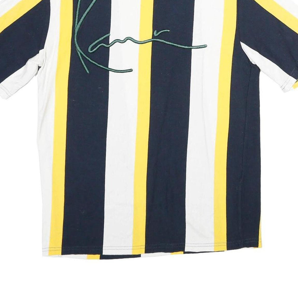 KARL KANI Mens Blue White & Yellow Stripe Graphic T-Shirt XS Short Sleeve Crew