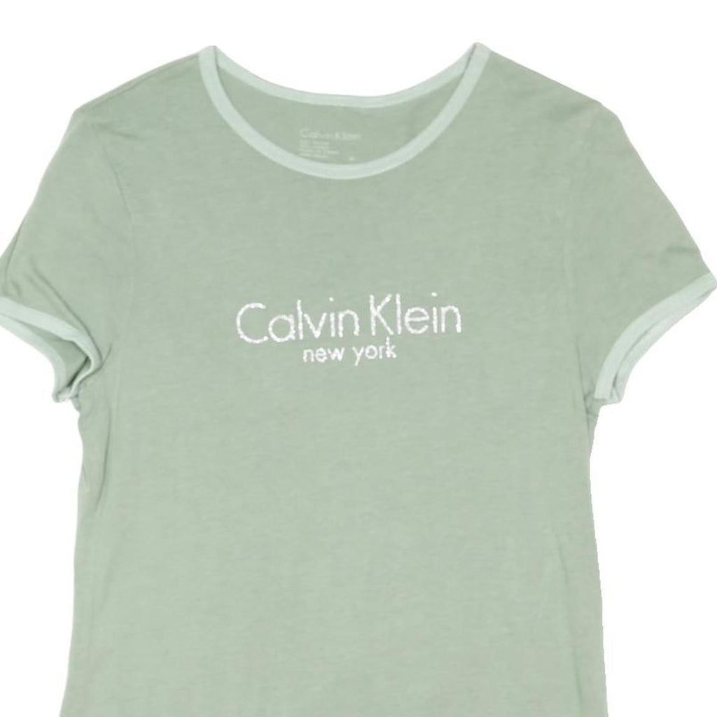 CALVIN KLEIN Womens Sage Green T-Shirt M Short Sleeve Crew Neck Logo Print