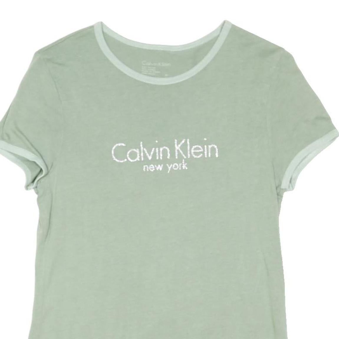 CALVIN KLEIN Womens Sage Green T-Shirt M Short Sleeve Crew Neck Logo Print