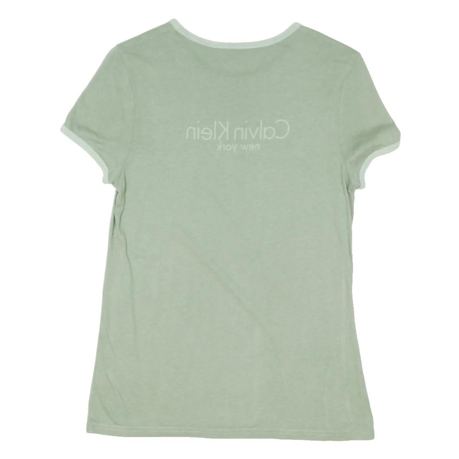 CALVIN KLEIN Womens Sage Green T-Shirt M Short Sleeve Crew Neck Logo Print
