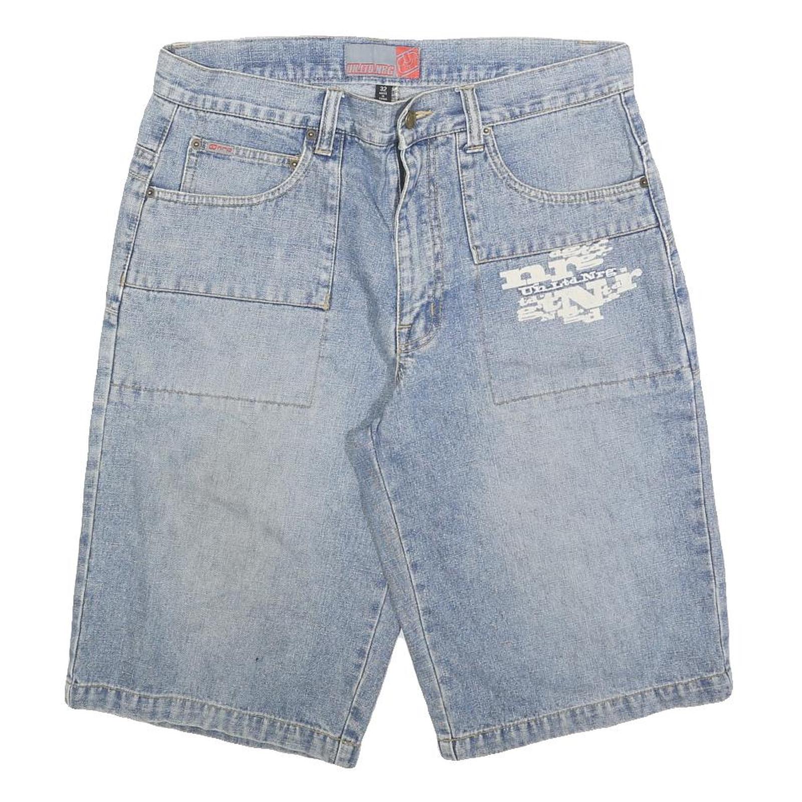NRG Mens Shorts Blue Denim Casual M W34 Logo Patch Pockets