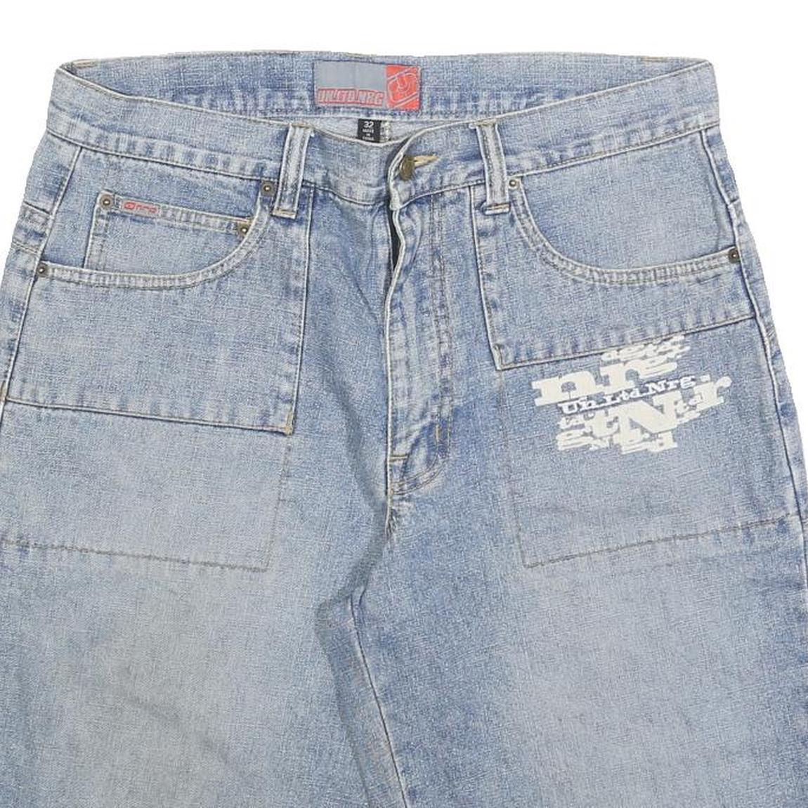 NRG Mens Shorts Blue Denim Casual M W34 Logo Patch Pockets