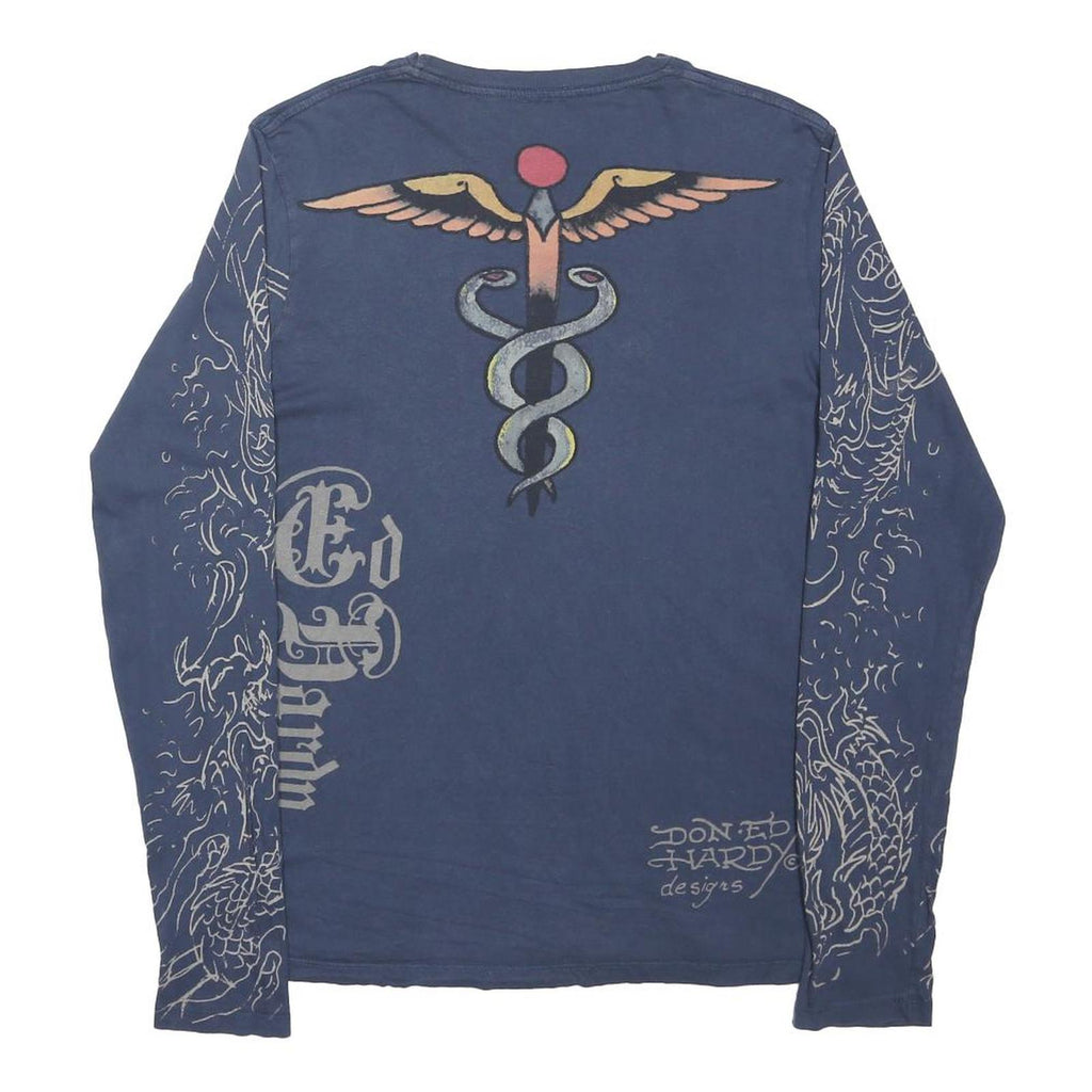 ED HARDY Mens Blue Long Sleeve Crew Neck Graphic T-Shirt L Tattoo Print