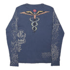 ED HARDY Mens Blue Long Sleeve Crew Neck Graphic T-Shirt L Tattoo Print