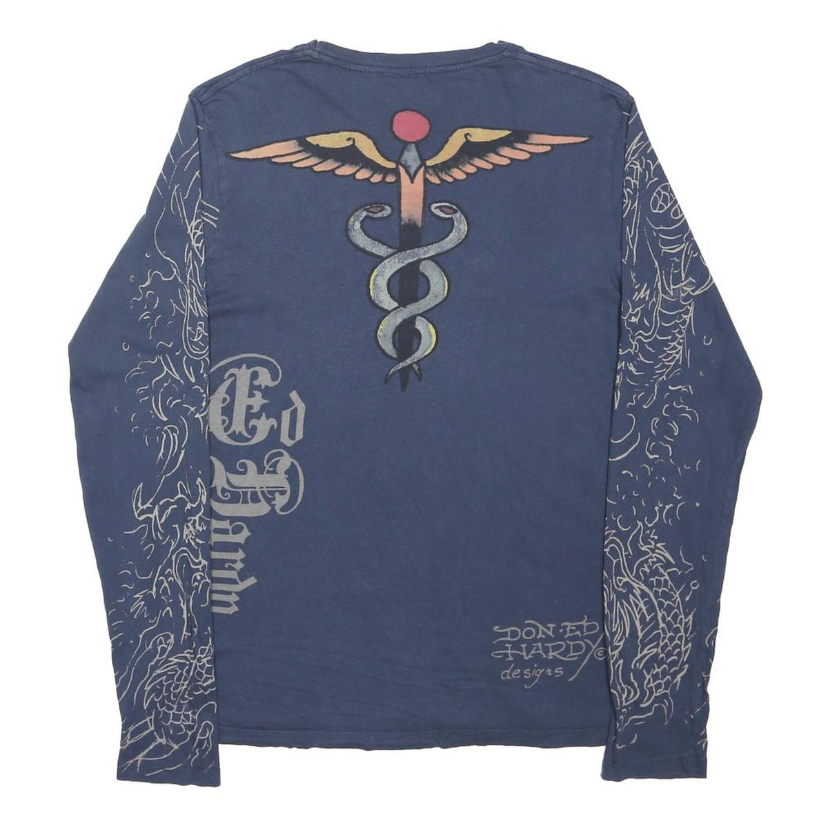 ED HARDY Mens Blue Long Sleeve Crew Neck Graphic T-Shirt L Tattoo Print