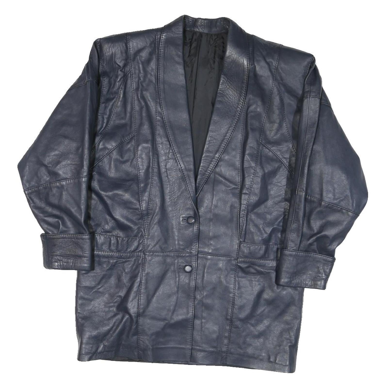 Womens Navy Leather Button Jacket L Smooth Classic Soft Stylish Outerwear