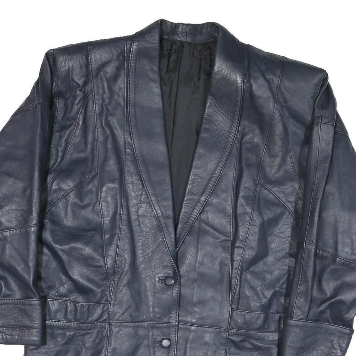 Womens Navy Leather Button Jacket L Smooth Classic Soft Stylish Outerwear