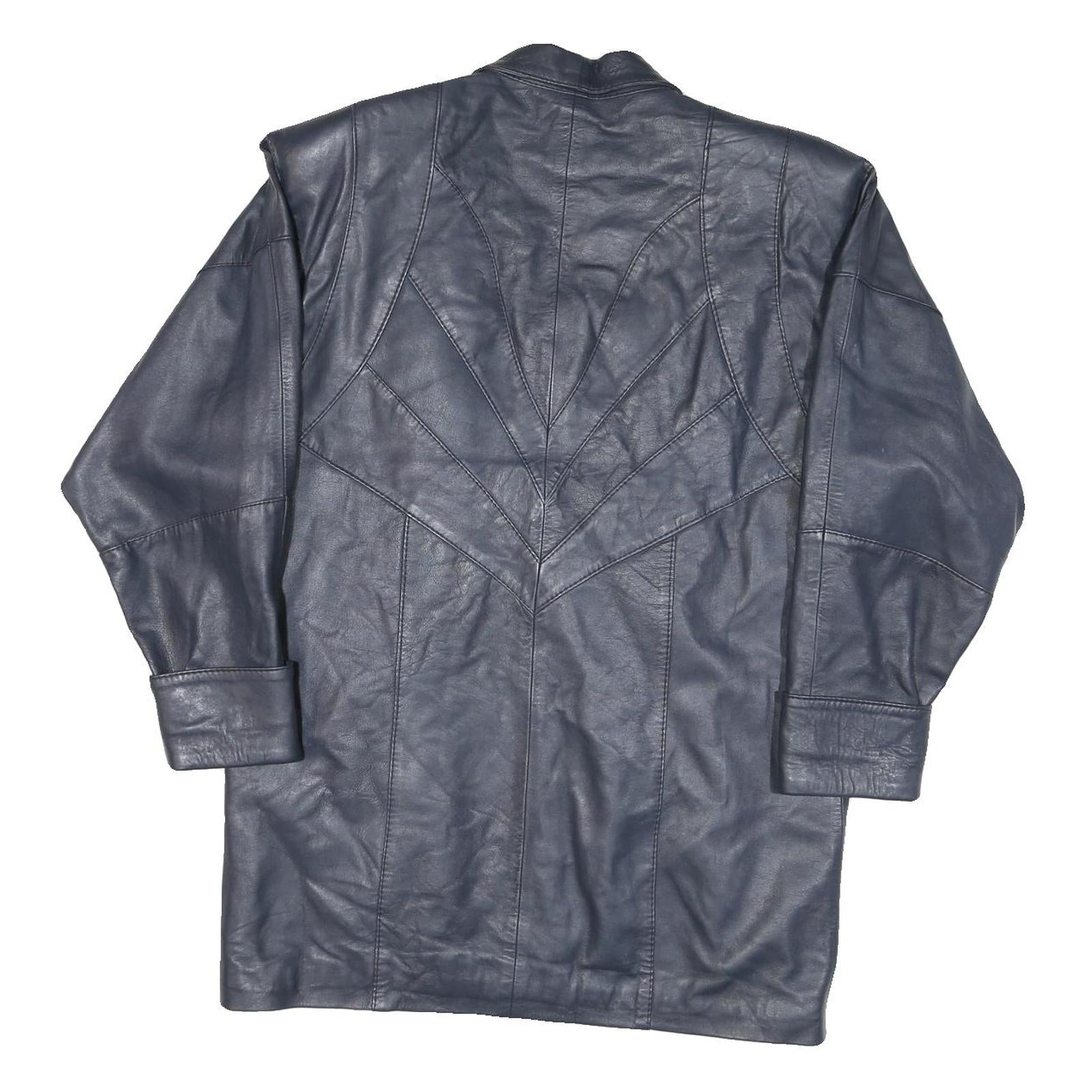 Womens Navy Leather Button Jacket L Smooth Classic Soft Stylish Outerwear