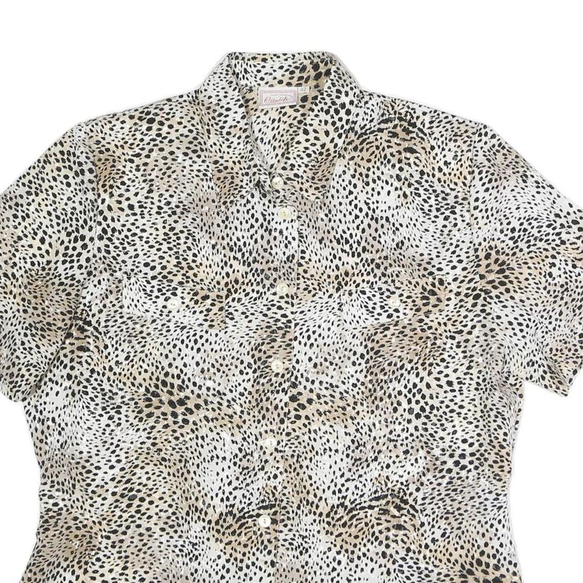 CITY LIFE Womens Beige & Black Printed Short Sleeve Collared Shirt L Polyester