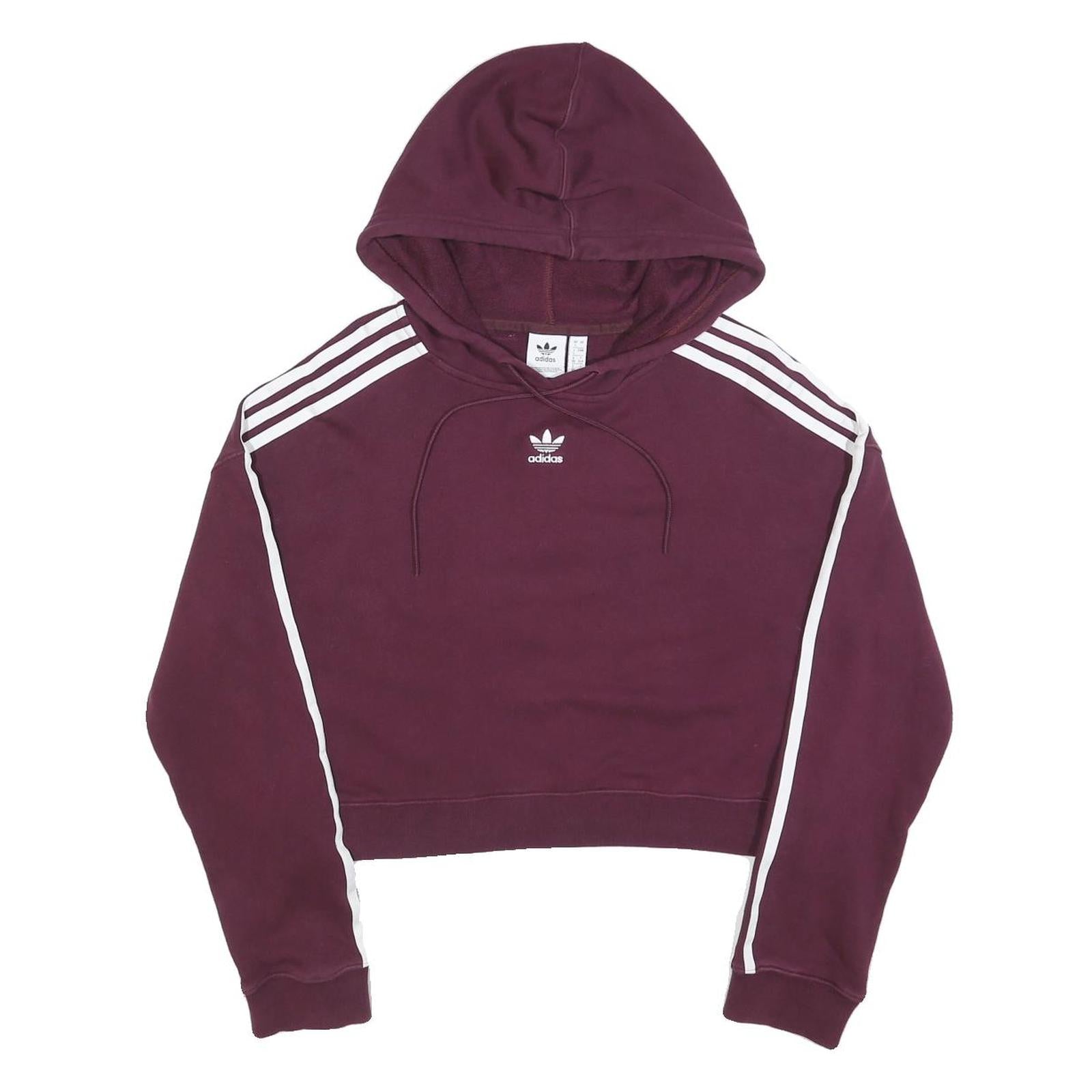 ADIDAS Womens Maroon Cropped Hoodie UK 4 3 Stripes Pullover Cotton Blend