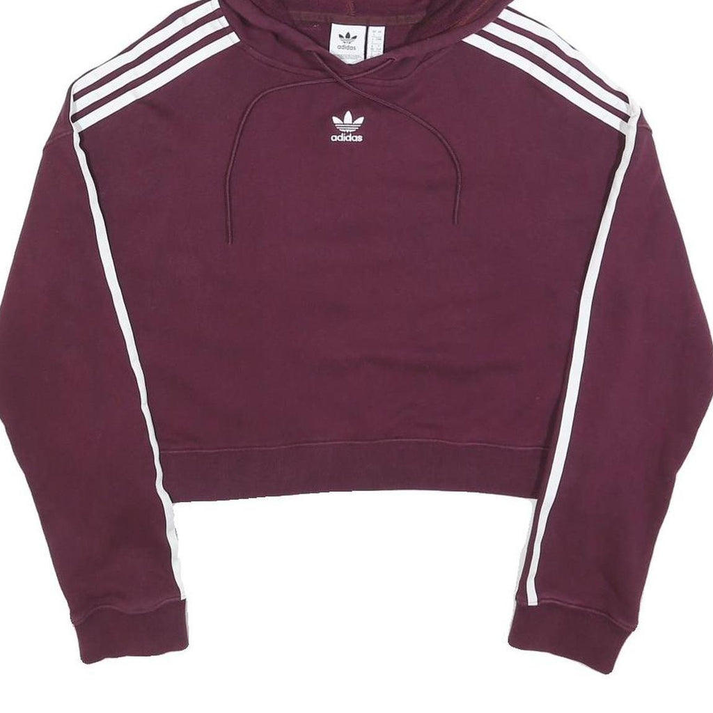 ADIDAS Womens Maroon Cropped Hoodie UK 4 3 Stripes Pullover Cotton Blend