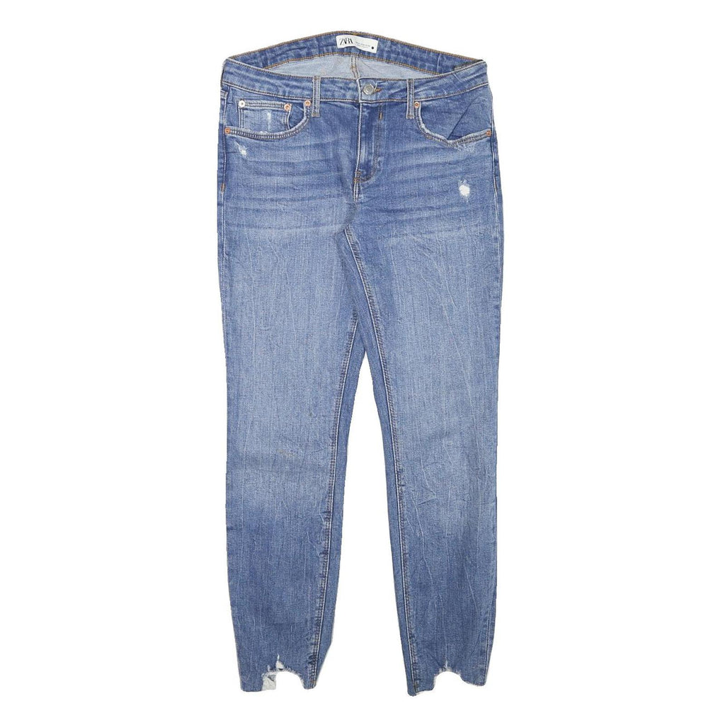 ZARA Womens Slim Blue Denim Jeans W30 L28 Distressed Raw Hem Cotton Blend Zip