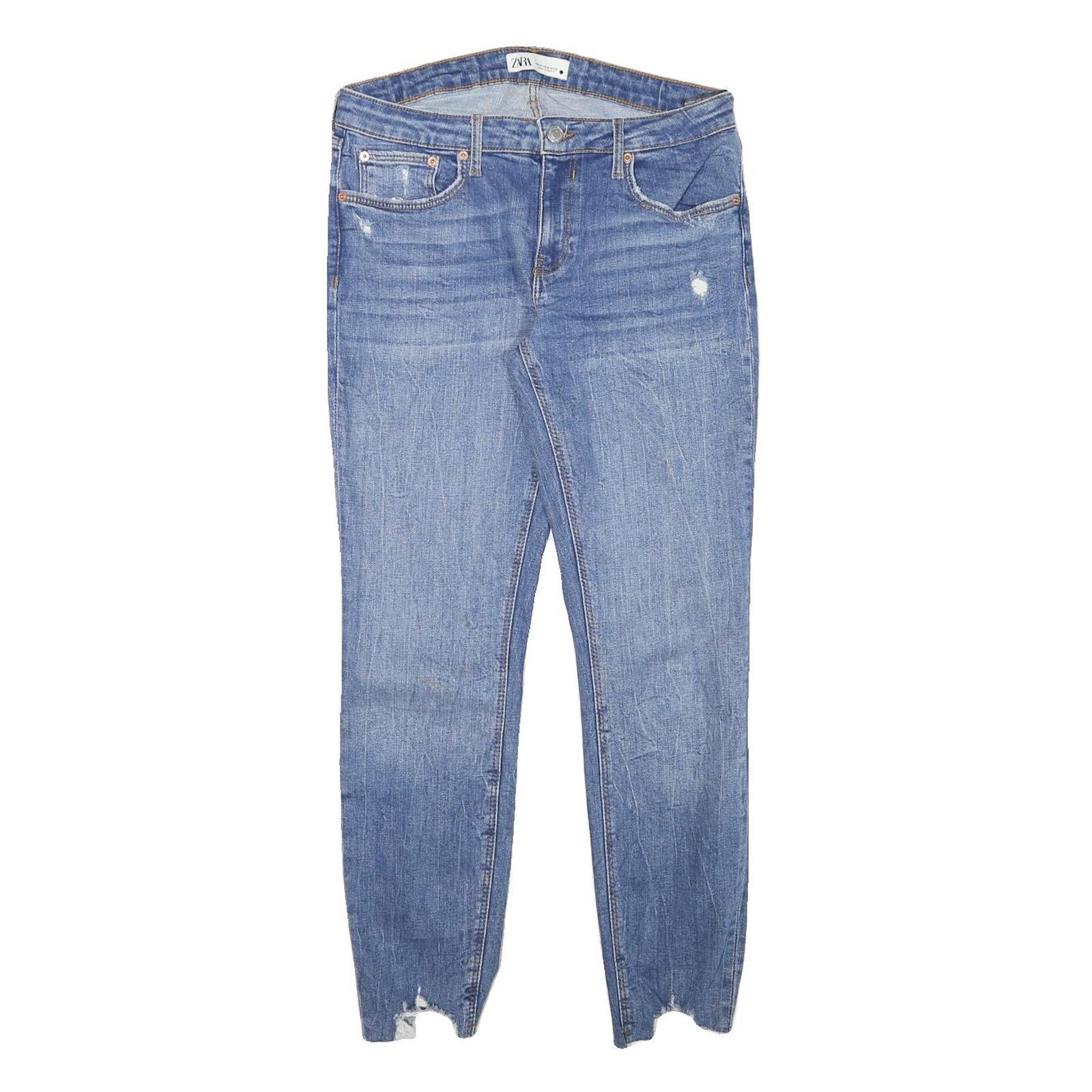 ZARA Womens Slim Blue Denim Jeans W30 L28 Distressed Raw Hem Cotton Blend Zip
