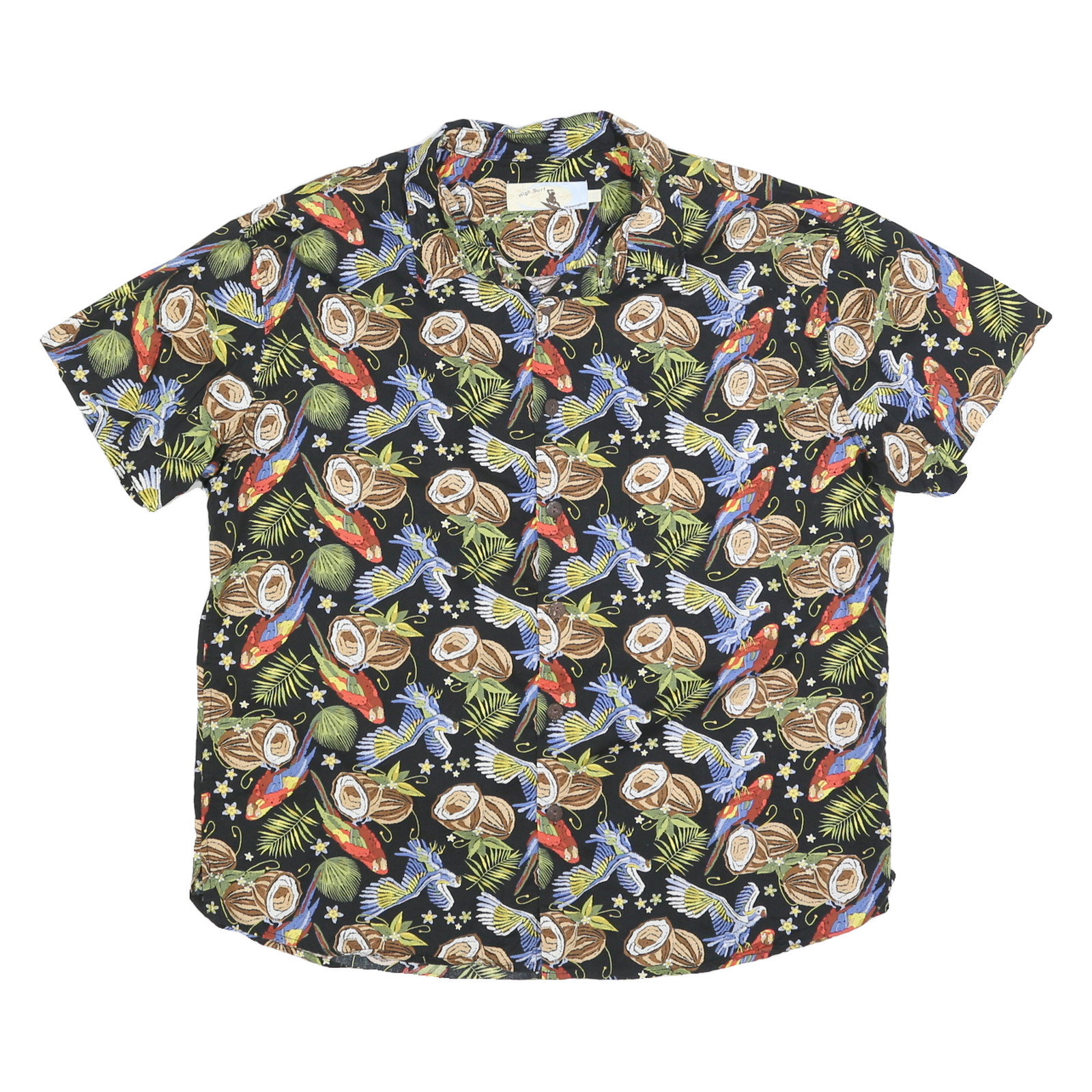 HIGH SURF Mens Black Tropical Print Short Sleeve Shirt XL Cotton Blend Summer