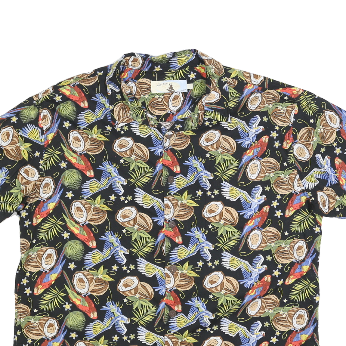 HIGH SURF Mens Black Tropical Print Short Sleeve Shirt XL Cotton Blend Summer
