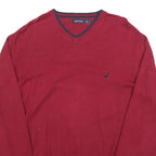 NAUTICA Mens Red V-Neck Plain Cotton Jumper M Classic Casual