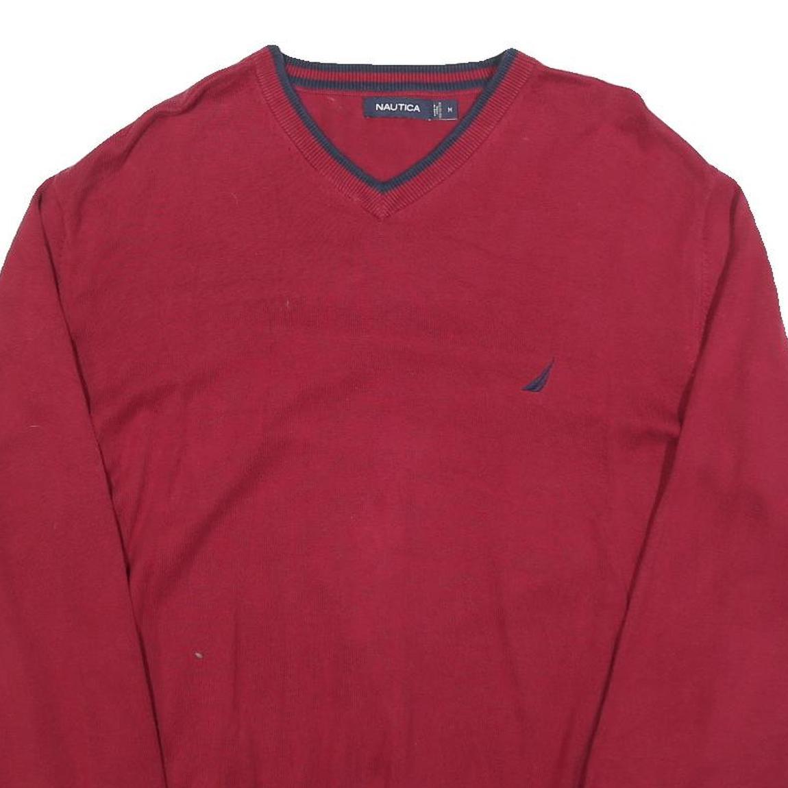 NAUTICA Mens Red V-Neck Plain Cotton Jumper M Classic Casual