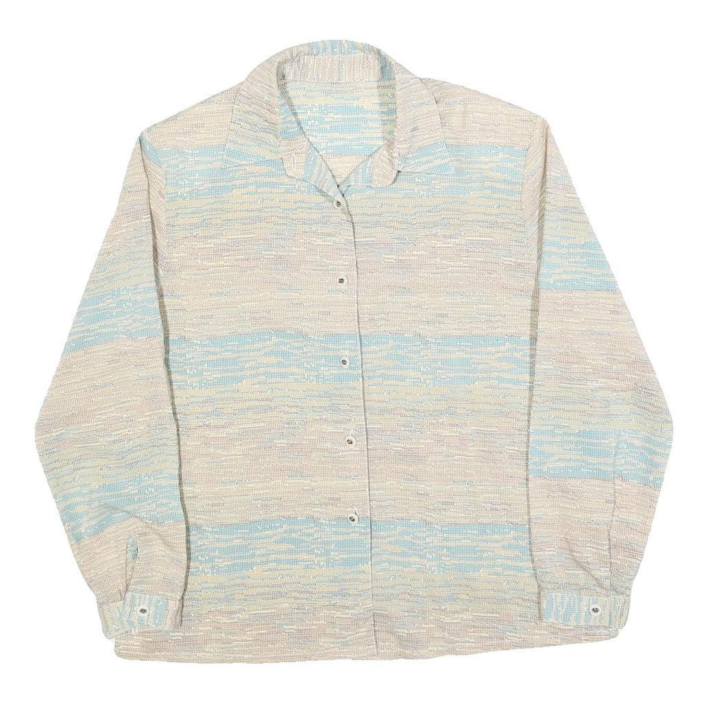 Womens Cream & Blue Printed Shirt Long Sleeve Collared M Relaxed Fit Casual