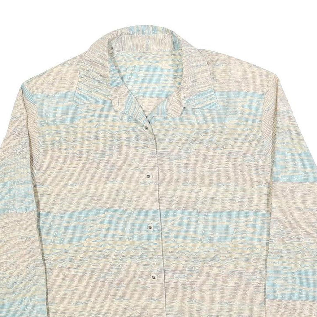 Womens Cream & Blue Printed Shirt Long Sleeve Collared M Relaxed Fit Casual