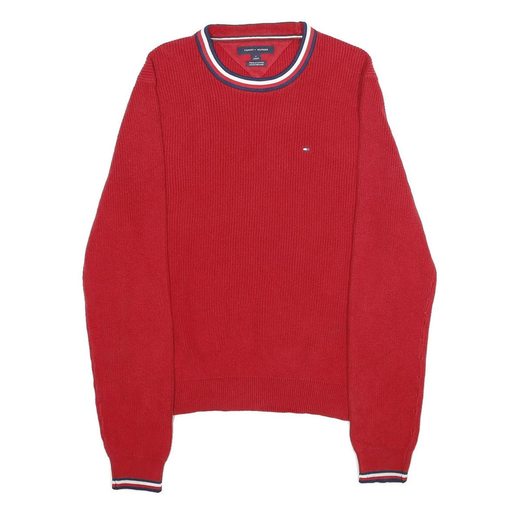 TOMMY HILFIGER Mens Red Plain Crew Neck Basic Knit Jumper M Cotton Comfort