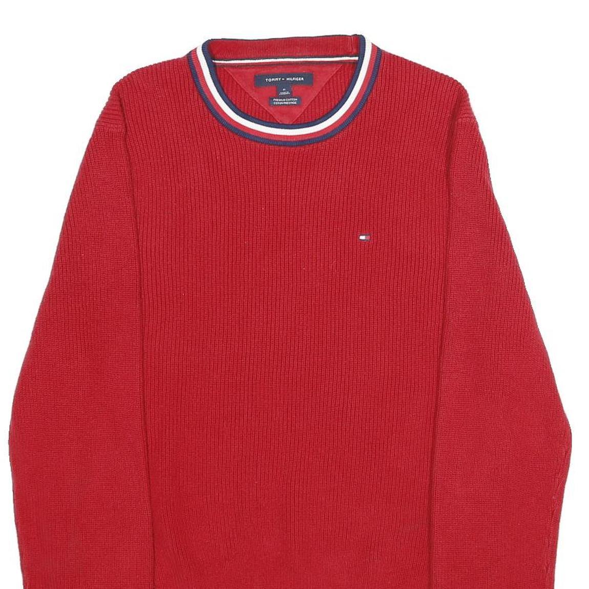 TOMMY HILFIGER Mens Red Plain Crew Neck Basic Knit Jumper M Cotton Comfort