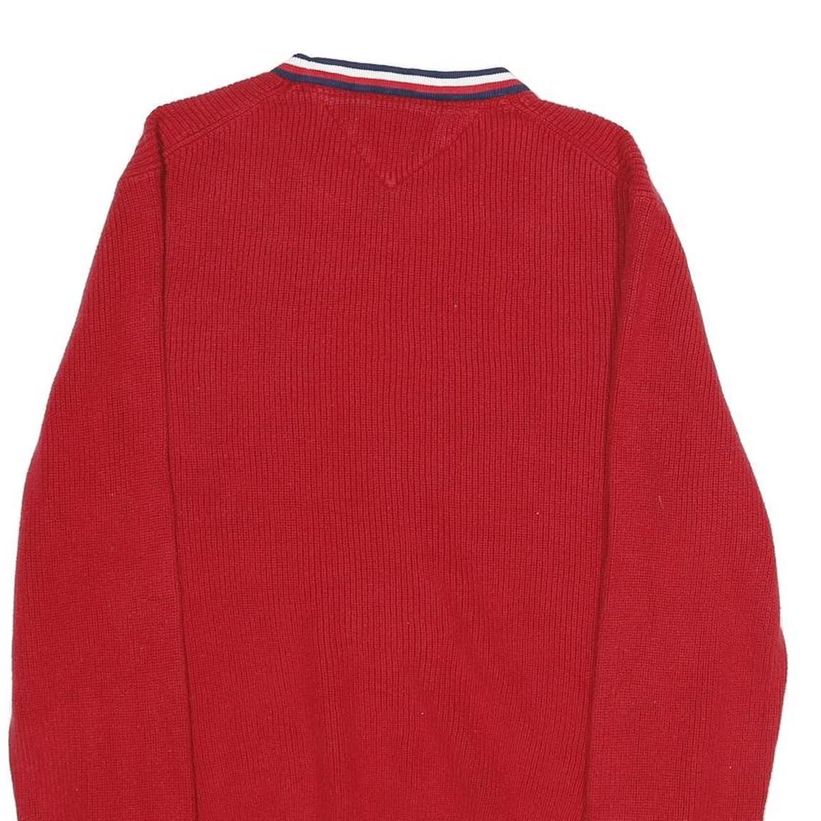 TOMMY HILFIGER Mens Red Plain Crew Neck Basic Knit Jumper M Cotton Comfort